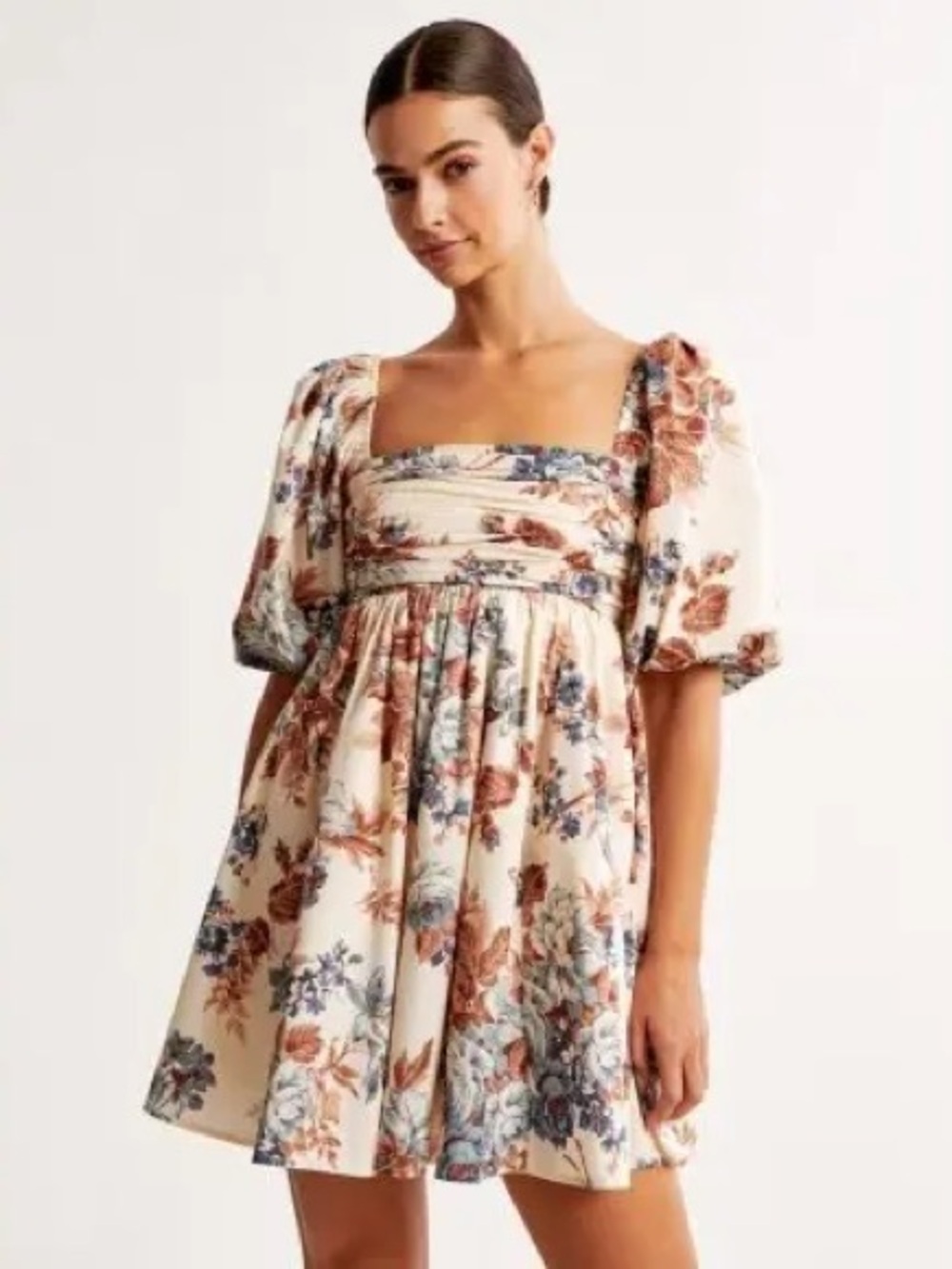 New Abercrombie & Fitch Emerson Cream Floral Square-Neck Puff Sleeve Dress (121) - Picture 1 of 8